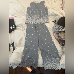 Zara Navy and White Gingham Top with White Floral Embroidery